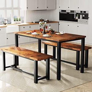 Hicomony Dining Room Table Set for 4 Modern Wood Bench Table Set with Two Benches