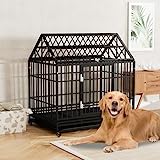 42 inch Heavy Duty Dog Crate with Roof, Indestructible Dog Crate for High Anxiety Dogs, XL Dog Kennel for Medium and Large Dogs, with Lockable Wheels, Double Doors, Removable Tray, Black