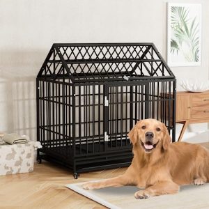 42 inch Heavy Duty Dog Crate with Roof, Indestructible Dog Crate for High Anxiety Dogs, XL Dog Kennel for Medium and Large Dogs, with Lockable Wheels, Double Doors, Removable Tray, Black