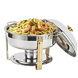 Amhier 5 Qt Chafing Dish Buffet Set with Stainless Steel Lid, Round Chafers and Buffet Warmers Sets with Food and Water Trays for Catering, Parties, Hotels and Weddings, Gold, 1 Pack