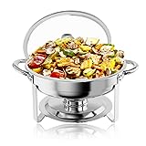 Halamine Round Chafing Dish Buffet Set, Stainless Steel 5QT Chafers and Buffet Warmers Sets for Catering with Glass Viewing Lid Silver Chafing Dishes for Buffet Chafer Set for Parties, Event, Kitchen