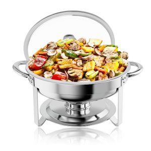Halamine Round Chafing Dish Buffet Set, Stainless Steel 5QT Chafers and Buffet Warmers Sets for Catering with Glass Viewing Lid Silver Chafing Dishes for Buffet Chafer Set for Parties, Event, Kitchen
