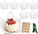 25pcs 5x5x4 Inches Clear Cake Boxes with Handles & Cake Boards, Mini Bundt Cake Boxes, Small Treat Boxes for Cupcakes, Donuts, Candy, Baked Goods for Business, Mother Day,1 Ribbon & 4 Stickers