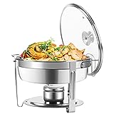 Amhier 5 Qt Chafing Dish Buffet Set with Visible Glass Lid and Holder, Stainless Steel Round Chafers and Buffet Warmers Sets with Food and Water Trays for Catering, Parties and Weddings, Silver, 1Pack