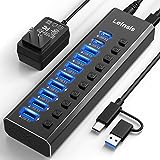 Powered USB Hub 3.2, LEINSIS 10-Port USB 3.2/USB C Hub (10Gbps USB-A 3.2 +2 USB-C 3.2 +7 USB 3.0 Ports) with Individual On/Off Switches and 12V Power Adapter, Aluminum USB Hub Powered for Laptop PC