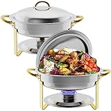 Halamine Chafing Dish Buffet Set, Chafers and Buffet Warmers Sets, 5 Quart Food Warmer with Gold Accents, Round Stainless Steel Food Warmer for Hotel Buffets, Catering, Receptions 2 Packs