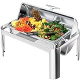 Halamine Roll Top Chafing Dish Buffet Set, 9 Qt Stainless Steel Chafer with 2 Half Size Pans Buffet Servers and Warmers Set Warming Tray for Wedding, Parties, Banquet, Catering Events, Graduation