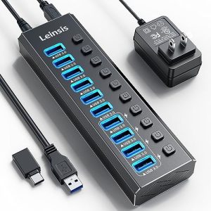Powered USB Hub 3.0, Leinsis 10-Port USB 3.0 Hub [Durable Aluminum] 10 Data Transfer Ports+ 4 Smart Charging Ports with Individual On/Off Switches, USB Hub 3.0 Powered with Power Adapter for Laptop PC