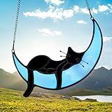 JIABEI Stained Glass Cat on Moon Gifts, Sleeping Cat Halloween Decoration,Handcrafted Black Cat Suncatchers for Stain Glass Window Hangings Cat Memorial Gifts for Cat Lover