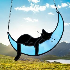 JIABEI Stained Glass Cat on Moon Gifts, Sleeping Cat Halloween Decoration