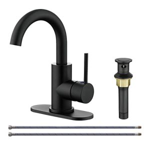 RKF Single-Handle Bathroom Sink Faucet, Swivel Spout, with Pop-up Drain with Overflow and Supply Hose,Bar Sink Faucet,Small Kitchen Faucet Tap,Matte Black,BF3501P-MB