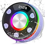 Bluetooth Shower Speaker, Portable Speakers Bluetooth 5.3 with HD Sound, IPX7 Waterproof, Colorful RGB Light/LED Display/FM Radio/Hands-Free Call/Suction Cup, Perfect for Bathroom Sing-Along, Purple