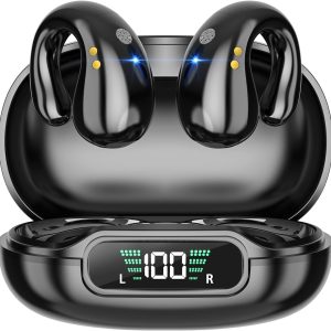 Open Ear Clip on Headphones, Wireless Earbuds Bluetooth 5.3 Sport Earphones Built-in Mic with Ear Hooks 36H Playtime Ear Buds LED Display Charging Case