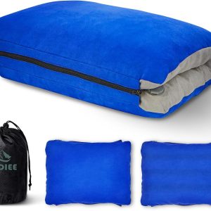 Inflatable Camping Pillow with Memory Foam and Washable Cover Camping Gear and Travel Pillow for Airplanes, Camping (Blue)