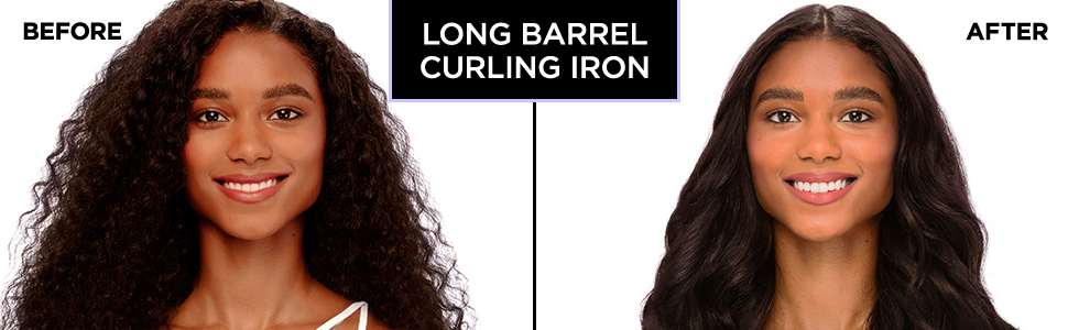 before with frizzy curls, after with smooth, controlled curls