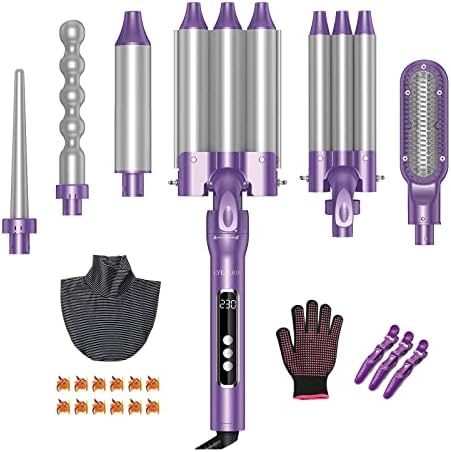 Lyealion 6 in 1 Hair Wavers Curling Iron Set, 3 Barrels Curling Iron with 1.0/1.25 inch Barrel Hair Crimper,Curling Brush and 3 Ceramic Curling Wand Adjustable Temp Created Natural Wave Hair