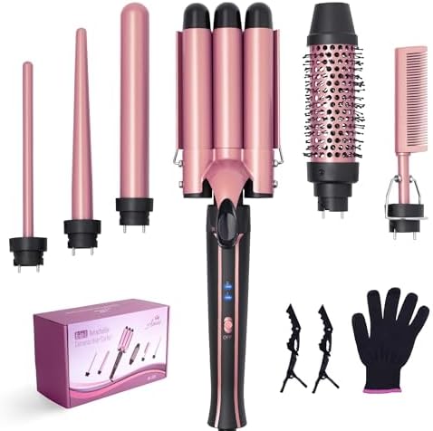 Asani Curling Iron Wand Set 6-in-1 - Beachwaver Hair Curler with 3 Barrel Hair Crimper, Tapered, Spiral Curling Iron - Fast Heating Travel Hot Styling Tools for Women with Dual Voltage (110-240V AC)