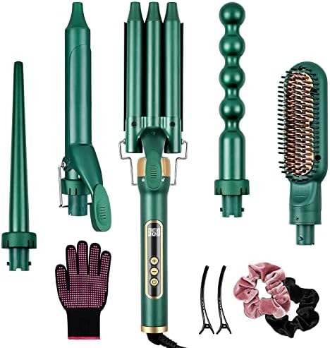 yinhua Wand Curling Iron, 5 in 1 Curling Wand Set with Hair Straightener Brush, 30S Instant Heat Up Curler Iron Set, Hair Curling Iron with 5 Interchangeable Ceramic Barrels, LCD Temp Adjustment